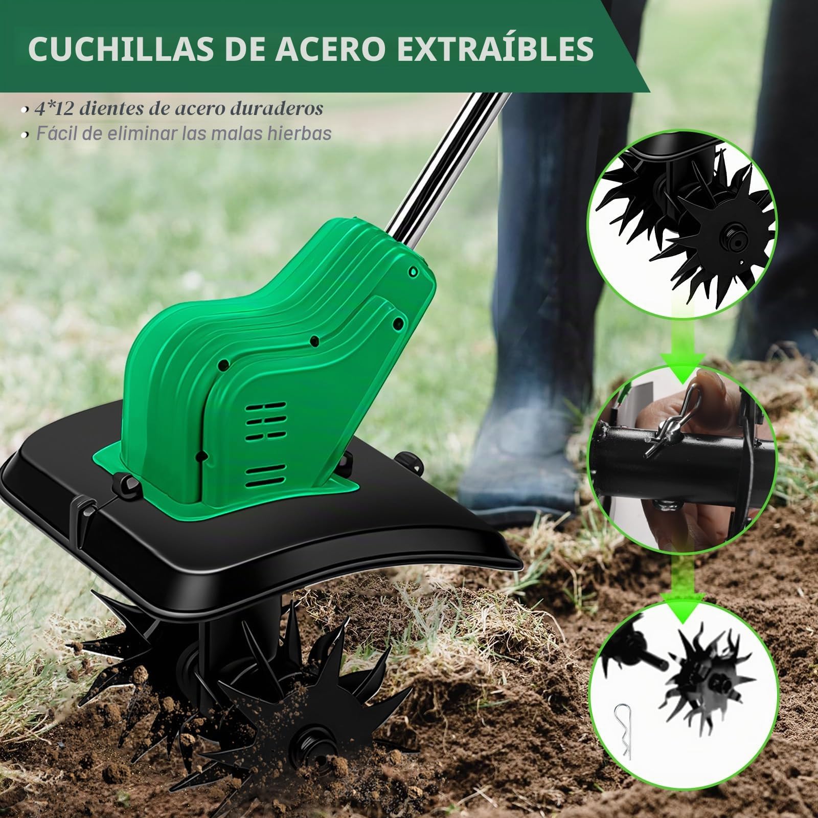 Motoazada para huerto, azada eléctrica, para Makita 18V batería, con Profundidad de Trabajo de 16 cm, Ancho de Trabajo de 30 cm, Velocidad de 300 RPM, Mango ergonómico, para Cultivo de jardín