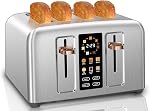 SEEDEEM Toaster 4 Slice, Stainless Toaster & Touch Control, LCD Display, 6 Bread Type, 7 Shade Settings, 1.5'' Wide Slots, Cancel/Defrost/Reheat, Removable Crumb Tray, 1800W, Silver Metallic