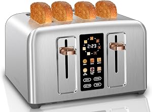 SEEDEEM Toaster 4 Slice, Stainless Toaster & Touch Control, LCD Display, 6 Bread Type, 7 Shade Settings, 1.5'' Wide Slots, Cancel/Defrost/Reheat, Removable Crumb Tray, 1800W, Silver Metallic