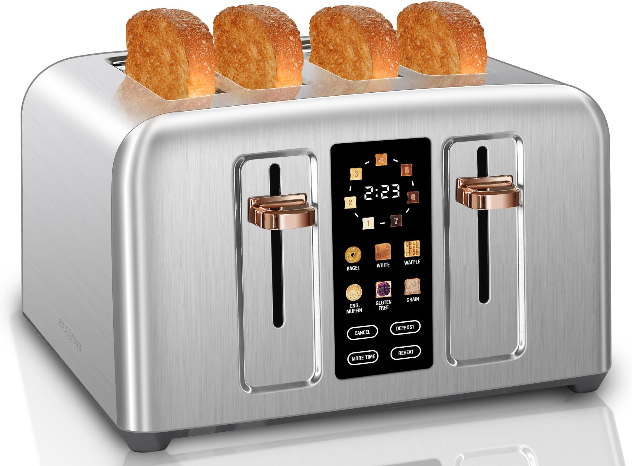 SEEDEEM Toaster 4 Slice, Stainless Toaster & Touch Control, LCD Display, 6 Bread Type, 7 Shade Settings, 1.5'' Wide Slots, Cancel/Defrost/Reheat, Removable Crumb Tray, 1800W, Silver Metallic