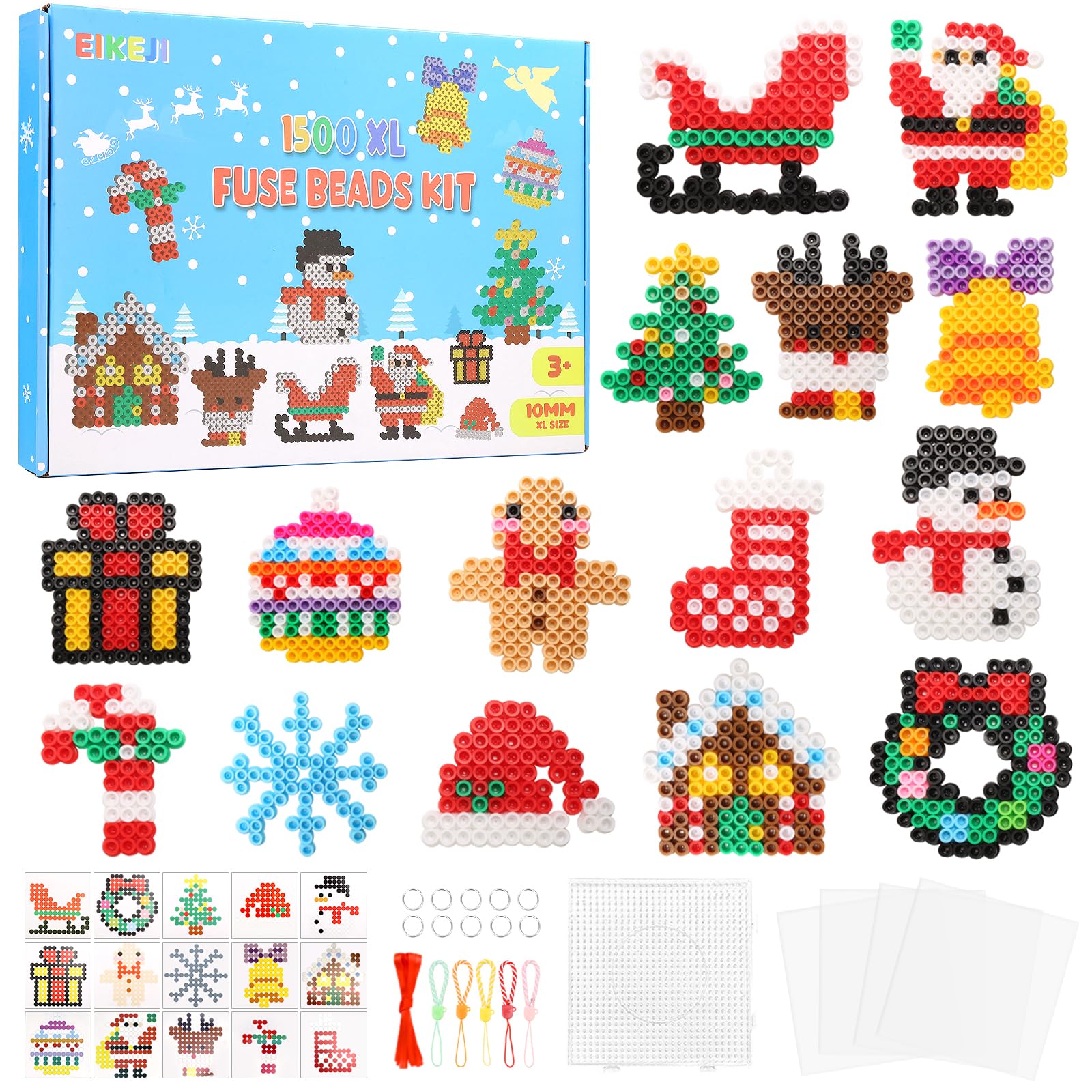 EIKEJI Große 10mm Weihnachten Bügelperlen Set, 1500 Stück XL Steckperlen mit Platten, 21 Bunte Farben Maxi Bügelperlen, Kreatives Perlenset für Kinder ab 3 Jahren