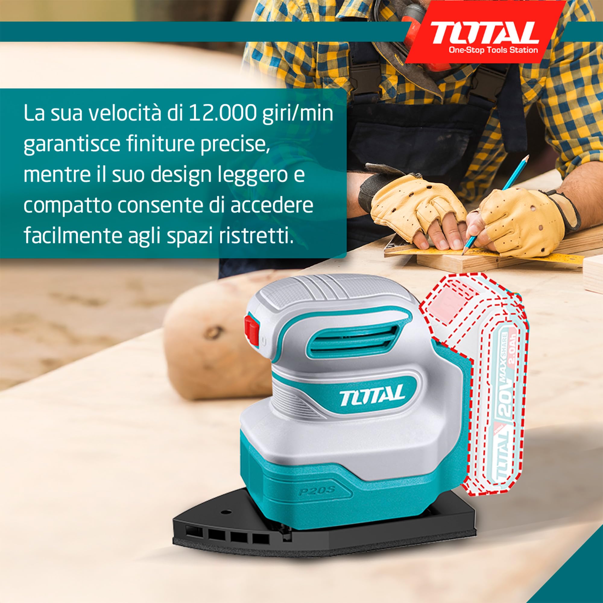TOTAL - Levigatrice Delta a batteria | Batteria da 20V a lunga durata | Facile da usare | Include 3 tamponi e 3 carte abrasive Delta | Perfetta per angoli e bordi | Velocità a vuoto 12.000 giri/min