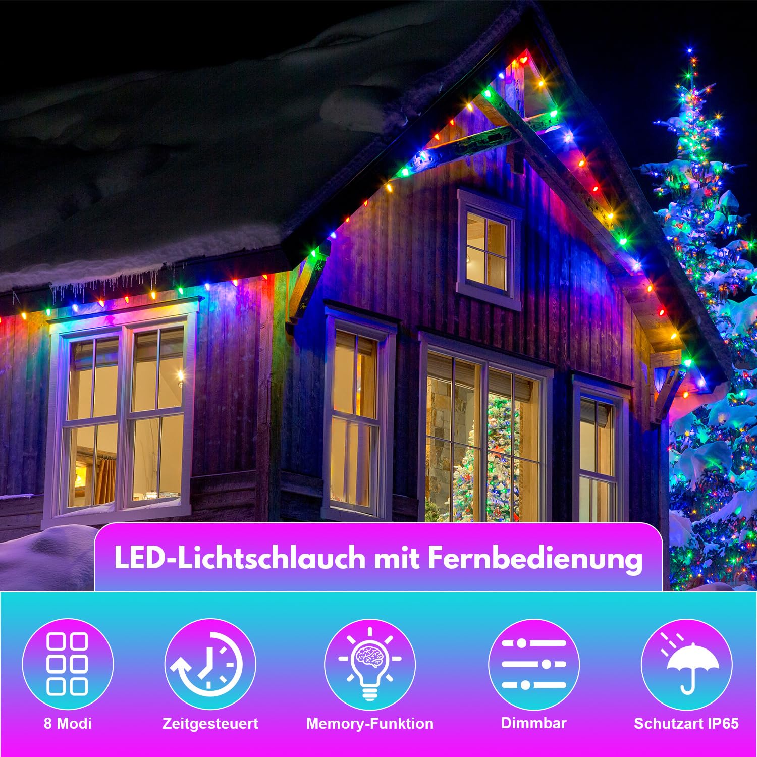 30M Lichterschlauch Aussen Bunt, LED Lichtschlauch mit Fernbedienung und Timer, 300 LEDs, IP65 wasserdicht, dimmbar, Memory-Funktion, für Garten Balkon Party Weihnachten