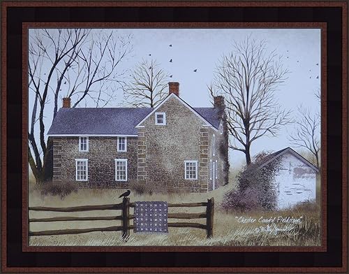 Miniatura 2 de Chester County Fieldstone por Billy Jacobs 16 x 20 pulgadas, diseño de casa de piedra, paisaje, arte popular primitivo, decoración de pared