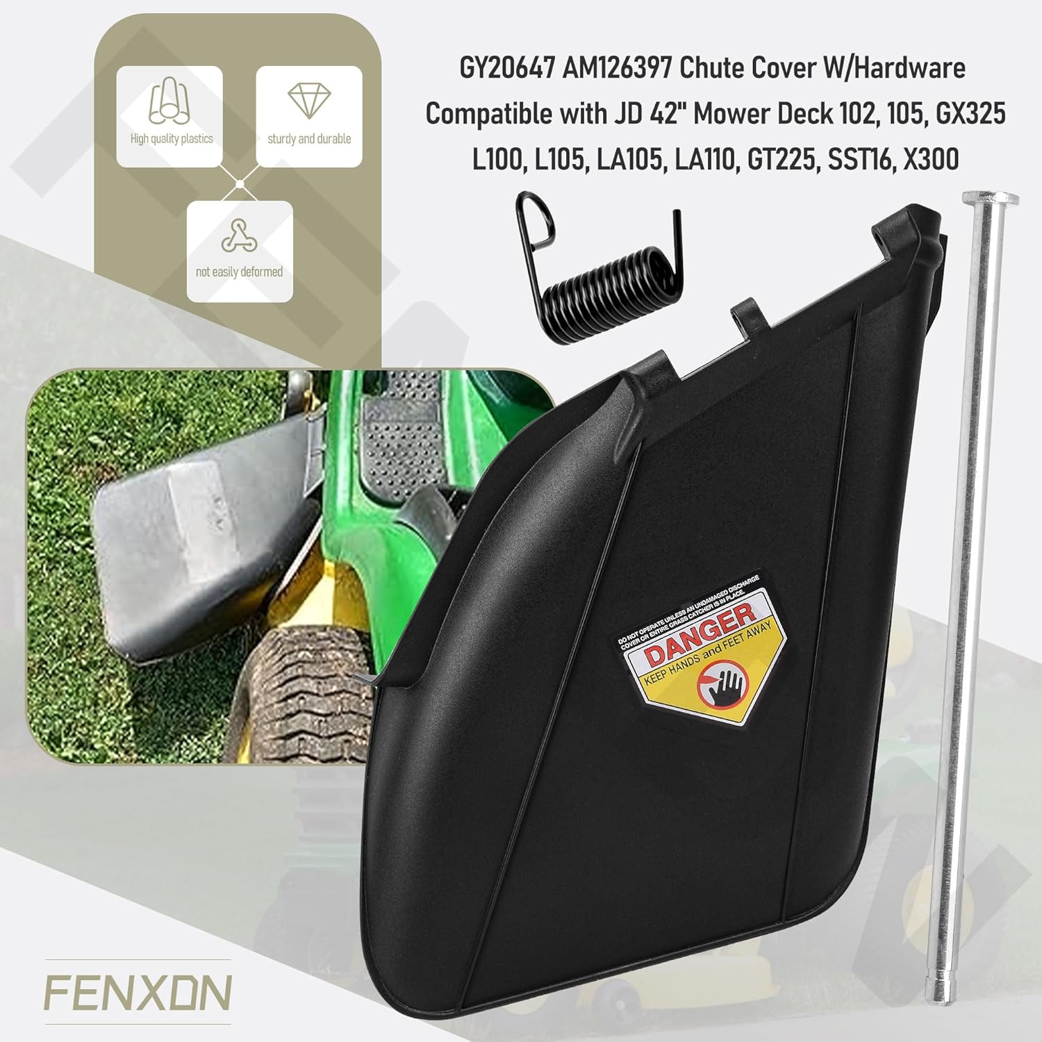 GY20647 Discharge Chute Cover W/Hardware for JD 42” Mower Deck 102, 105, GX325, L100, L105, LA105, LA110, GT225, SST16, X300 & EZtrak Z225 and Z235, Replace AM126397 GX25075