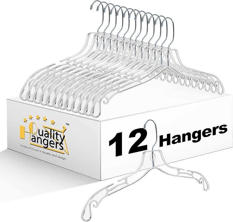 Quality Clear Hangers 12 Pack - Crystal Hangers for Clothes - Durable Plastic Hanger Set - Invisible Dress for Suits - Heavy Duty - Nonslip Coat and Shirt
