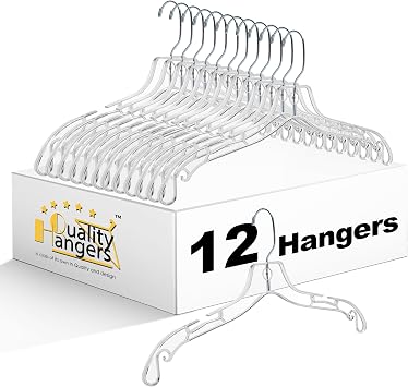 Quality Clear Hangers 12 Pack - Crystal Hangers for Clothes - Durable Plastic Hanger Set - Invisible Dress for Suits - Heavy Duty - Nonslip Coat and Shirt