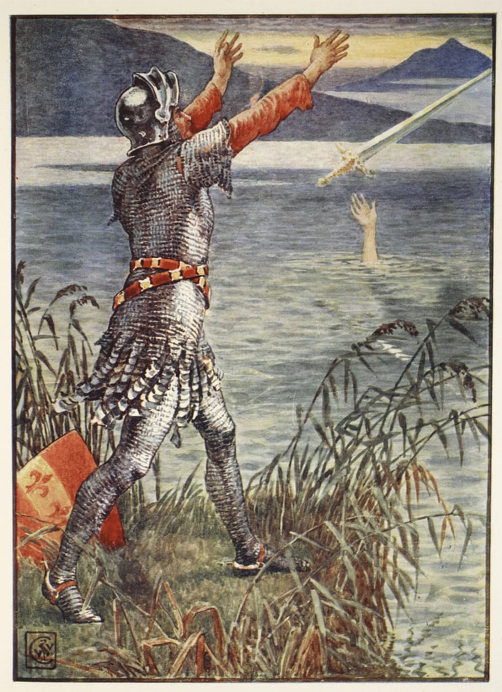 ARTXLXXBN Famous Prints Artwork Pictures Poster Painting Art Sir Bedivere Casts the Sword Excalibur Into the Lake by Walter Crane Artwork Landscape Pictures for Home Decor 60x90cm