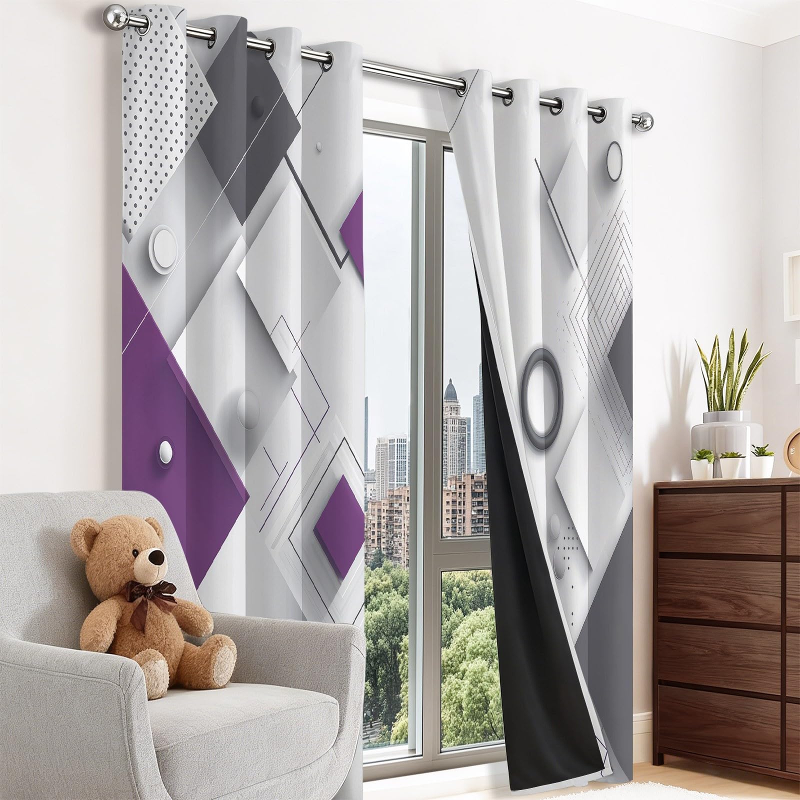Rideaux Occultants Isolants Anti-Froid 91.5L X 160H cm (2 Panneaux), Design Géométrie Minimaliste Moderne, Tenture à Œillets Opaque pour Salon et Chambre, Gris Violet