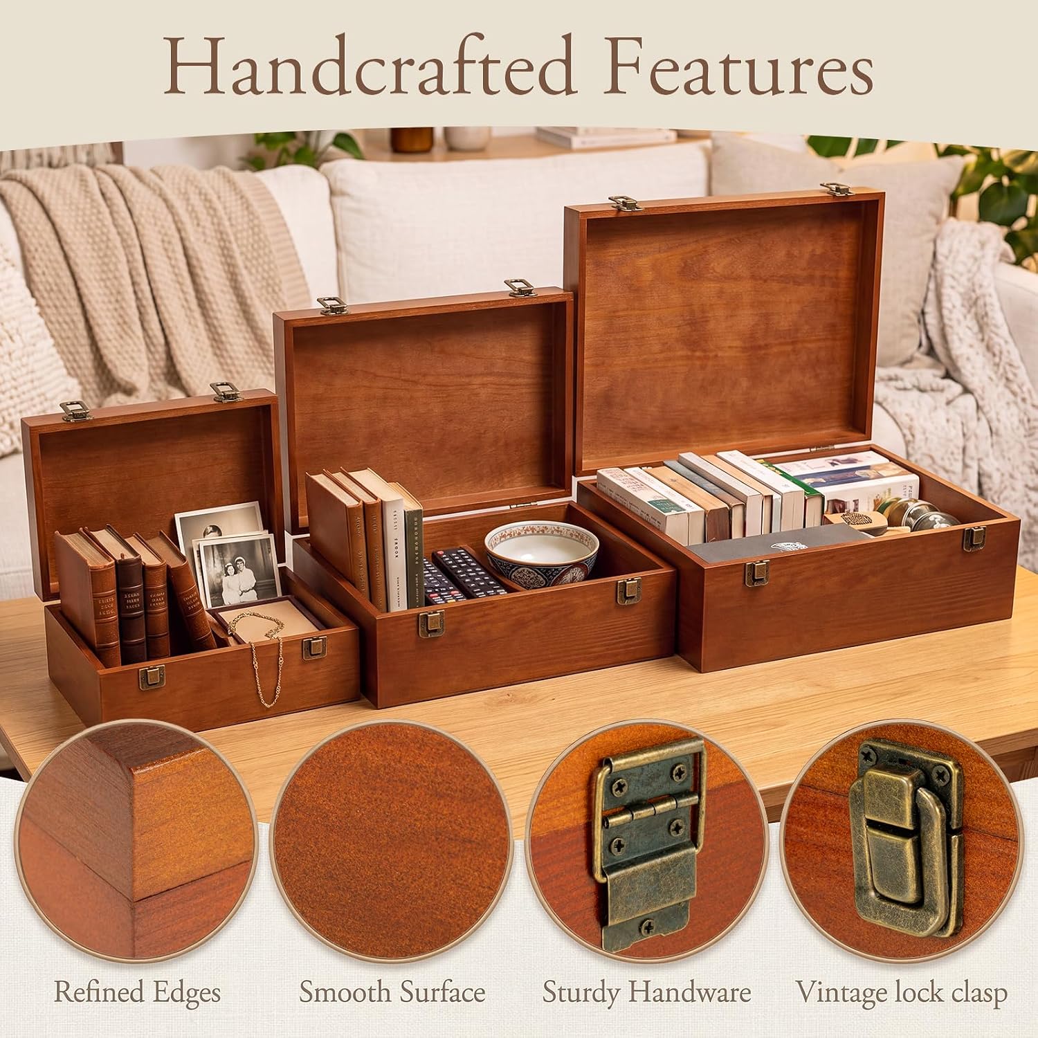Sliner 3 Pcs Wooden Decorative Storage Boxes with Lids Vintage Wood Organizer Bins for Your Bookshelf Home Decor Safely Store Photos Documents Memory Jewelry Craft Storage (Warm Brown,S M L Size)