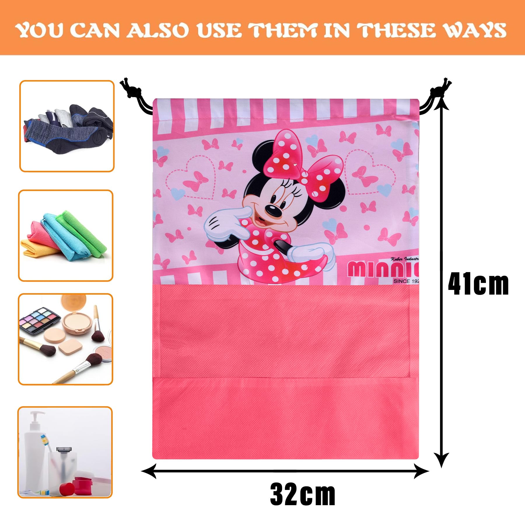 Kuber Industries Disney Minnie Schuhüberzug | Reise-Schuhaufbewahrungstaschen | Polyester-Aufbewahrungstasche | Schuhüberzug mit Kordelzug | Schuh-Organizer mit transparentem Fenster | 6 Stück | Rosa