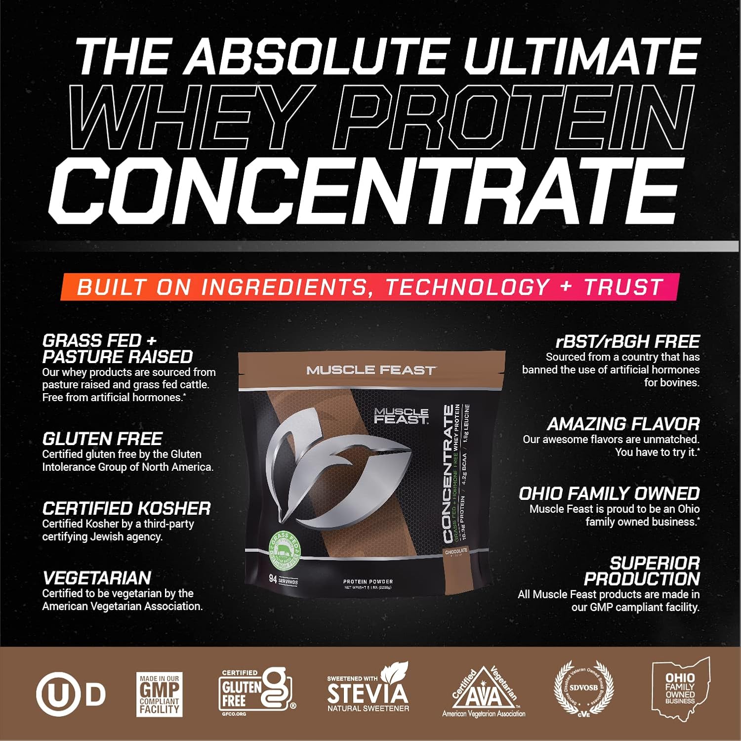 Muscle Feast Grass-Fed Whey Protein Concentrate Powder, All Natural Hormone Free Pasture Raised, Chocolate