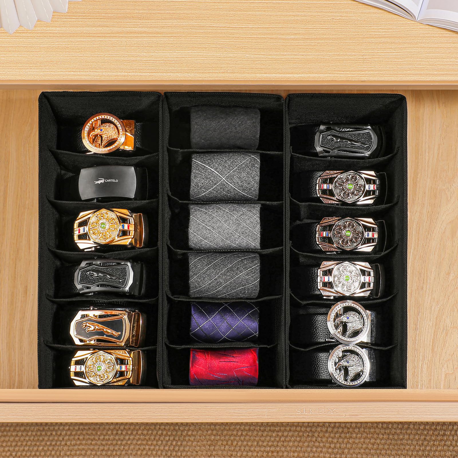 Gürtel-Organizer aus Stoff mit 6 Fächern pro Organizer, faltbare Schubladen-Organizer für Schrank und Schublade, Gürtel und Krawattenhalter, Schwarz, 3 Stück