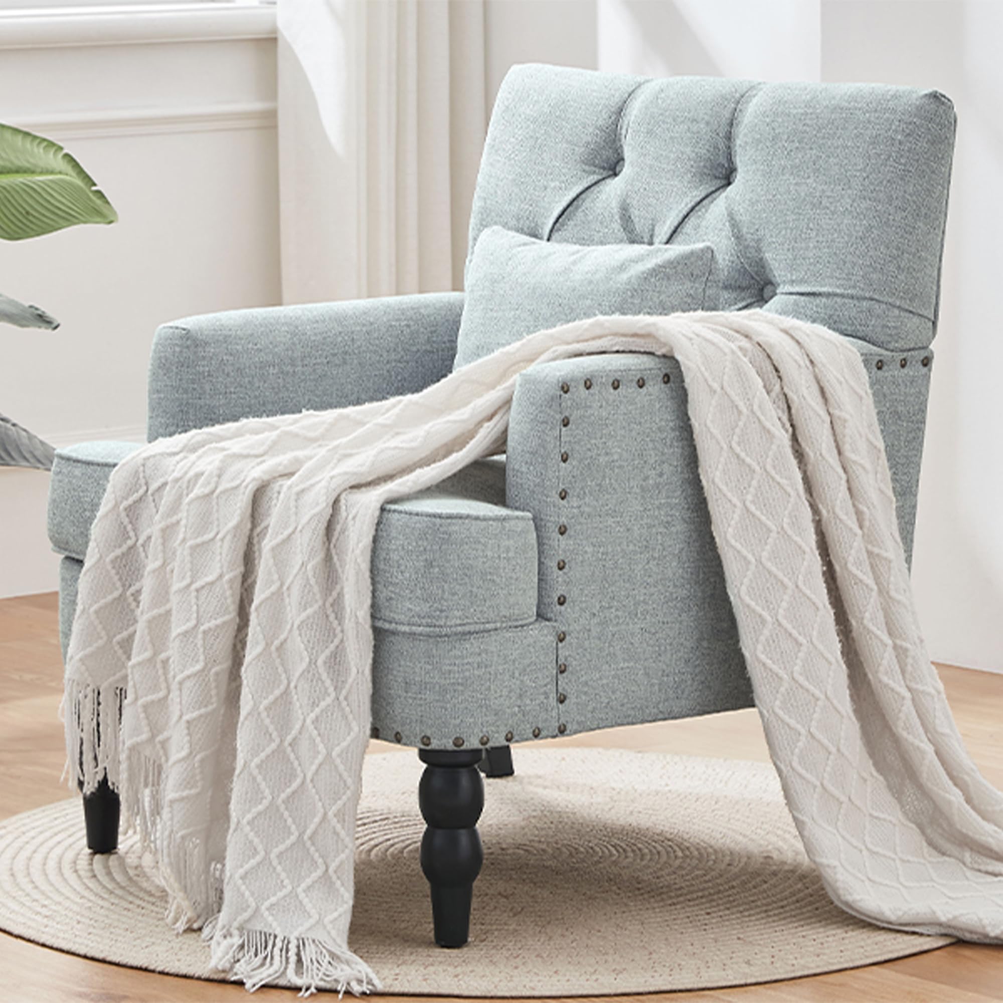 HUIMO Tufted Club Chair,Accent Chair with Lumbar Pillow, Upholstered Button Armchair, Linen Fabric Sofa Chairs for Bedroom, Living Room, Mid Century