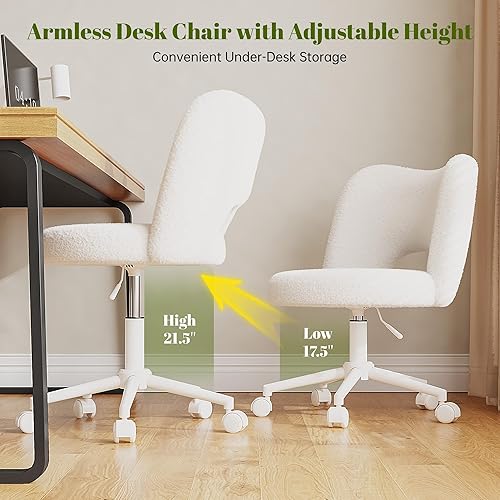 Miniatura 7 de Silla de Tocador con Ruedas Sin Brazos, Silla de Tocador Blanca con Respaldo, Silla de Escritorio Ultra-Suave de Felpa Linda, Silla de Oficina