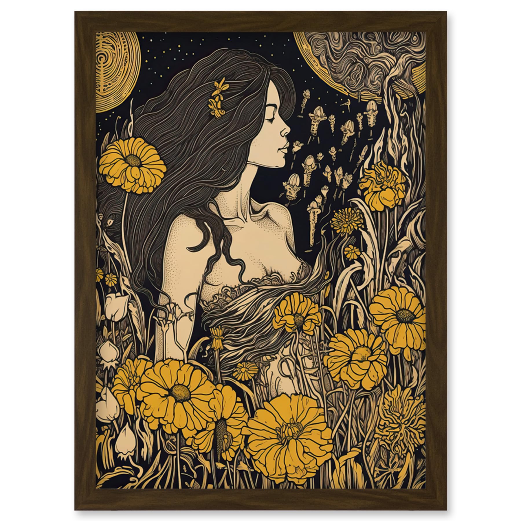 Artery8 Woman in Flower Field Midsummer Night Illustration Artwork Framed Wall Art Print A4