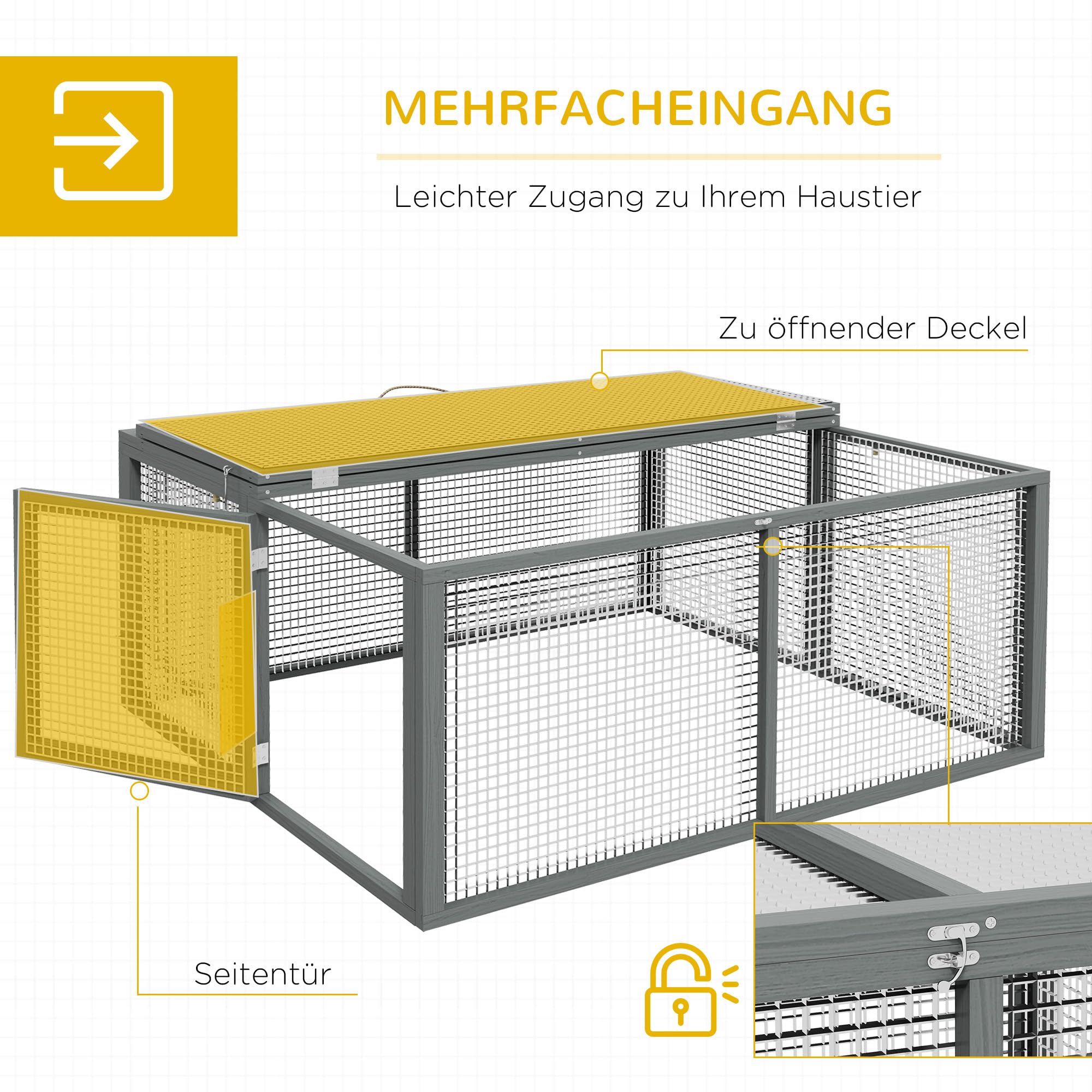 PawHut Hasenstall Klappbar Kaninchenstall aus Holz 110 x 105 x 50 cm Kaninchenkäfig mit aufklappbarem Dach, Freilaufgehege, Griff, Stahlgitter, Hasenkäfig für Meerschweinchen Outdoor Grau