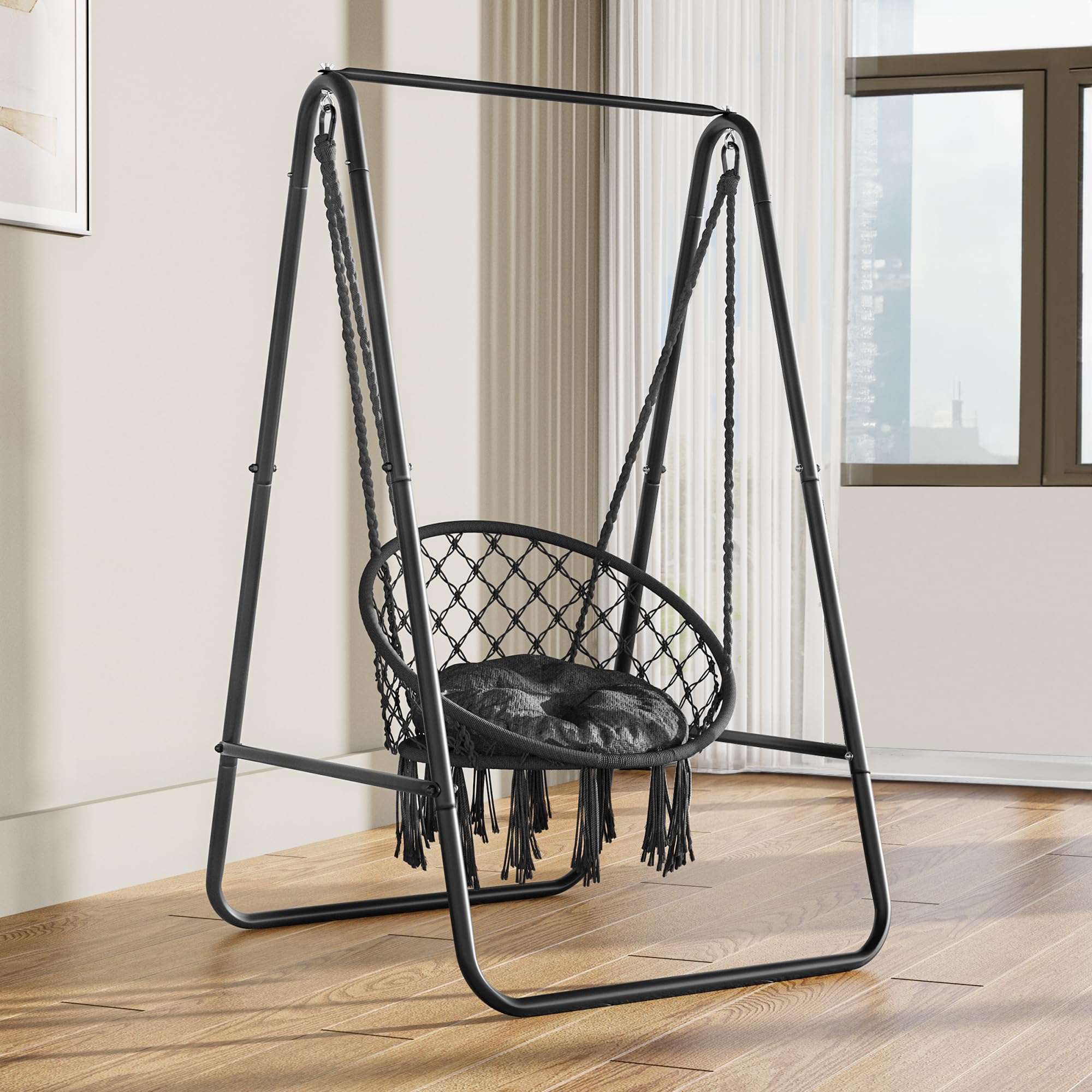YITAHOME Silla Colgante con Soporte, Hamaca Colgante Exterior con Cojín 85x92x153cm, Soporte de Hamaca de Acero Resistente con Capacidad de 100kg para Dormitorio, Patio y Jardín, Gris