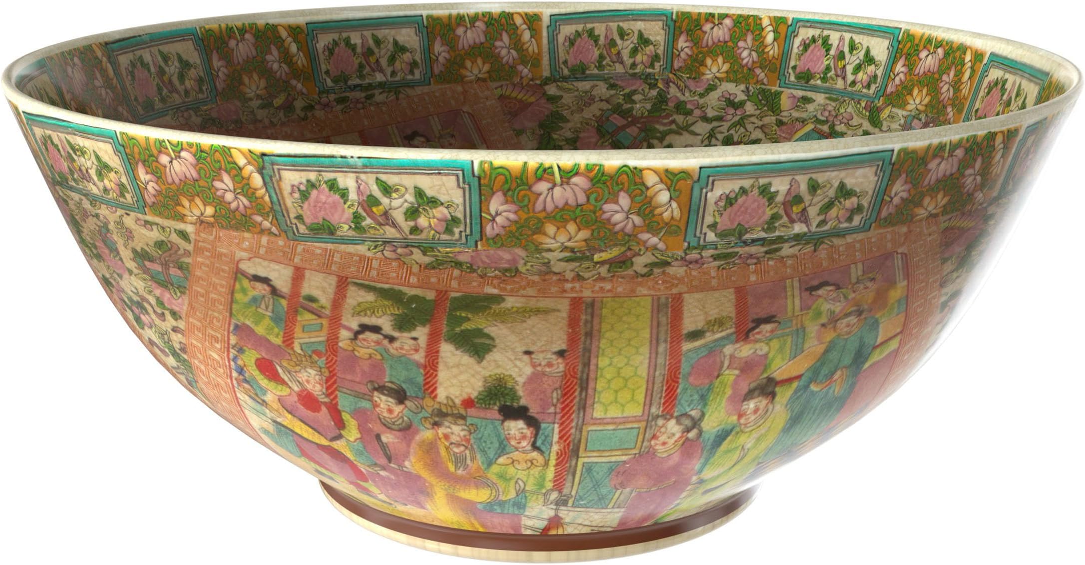 Oriental Furniture 14" Rose Medallion Porcelain Bowl, Large, Multicolor