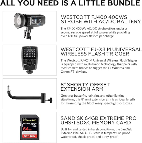 Miniatura 2 de Westcott FJ400 400W estroboscópico con batería de polímero de litio ACDC  Disparador flash inalámbrico FJ-X3m, brazo de extensión de 8 pulgadas y