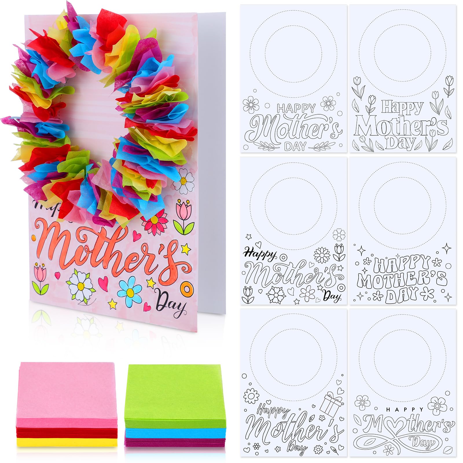 Tellingyou 24 Sets Mothers Day Cards Craft Kit for Kids DIY Floral Tissue Paper Wreath Assorted Coloring Flower Greeting Make Your Own Cards Handmade Craft Bulk Supplies for Classroom Party Gifts