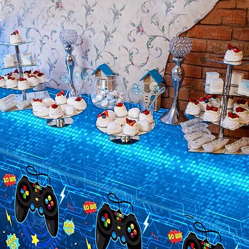 Miniatura 7 de gisgfim 3 manteles de videojuegos para jugadores, para fiesta de cumpleaños, 106 x 54 pulgadas, cubierta de plástico para mesa