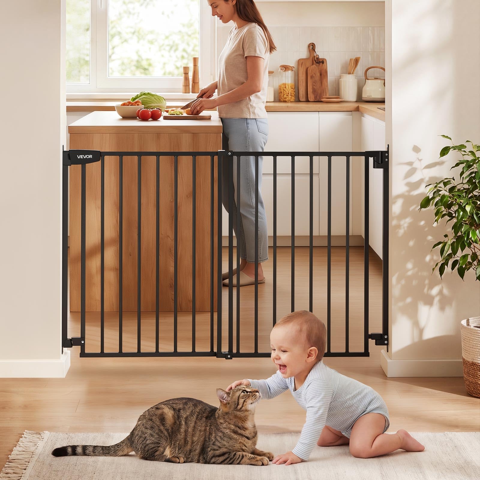 VEVOR Barrera de Seguridad para Niños, Alto de 920 mm, Ancho Ajustable de 778-1210 mm, Valla de Seguridad para Perros y Gatos, con Kit de Accesorios de Montaje, para Escaleras Puertas Hogar, Negro