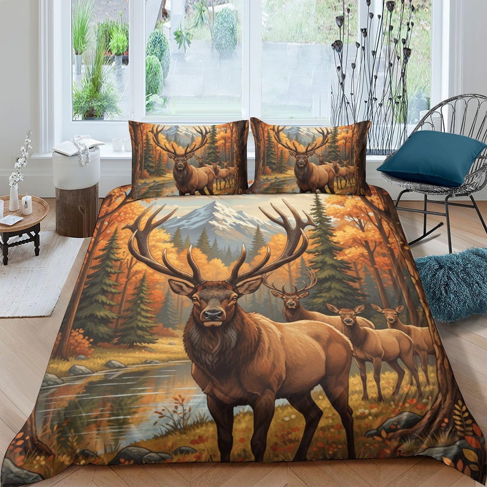 Ctjqhvkz Style-7 3D Printed Autumn Forest Elk Fitted Sheet Microfiber Soft Mattress Cover For Bedroom Home Decor Dustproof Single（135X200cm）