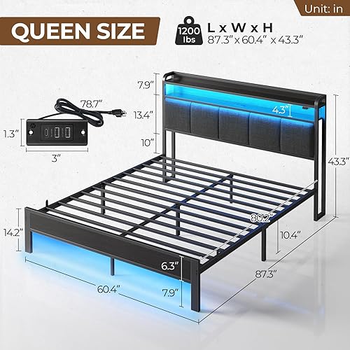 Miniatura 2 de Rolanstar Base de cama Queen con luces LED, cabecera tapizada, estación de carga, estantes de almacenamiento, listones de metal resistentes, no