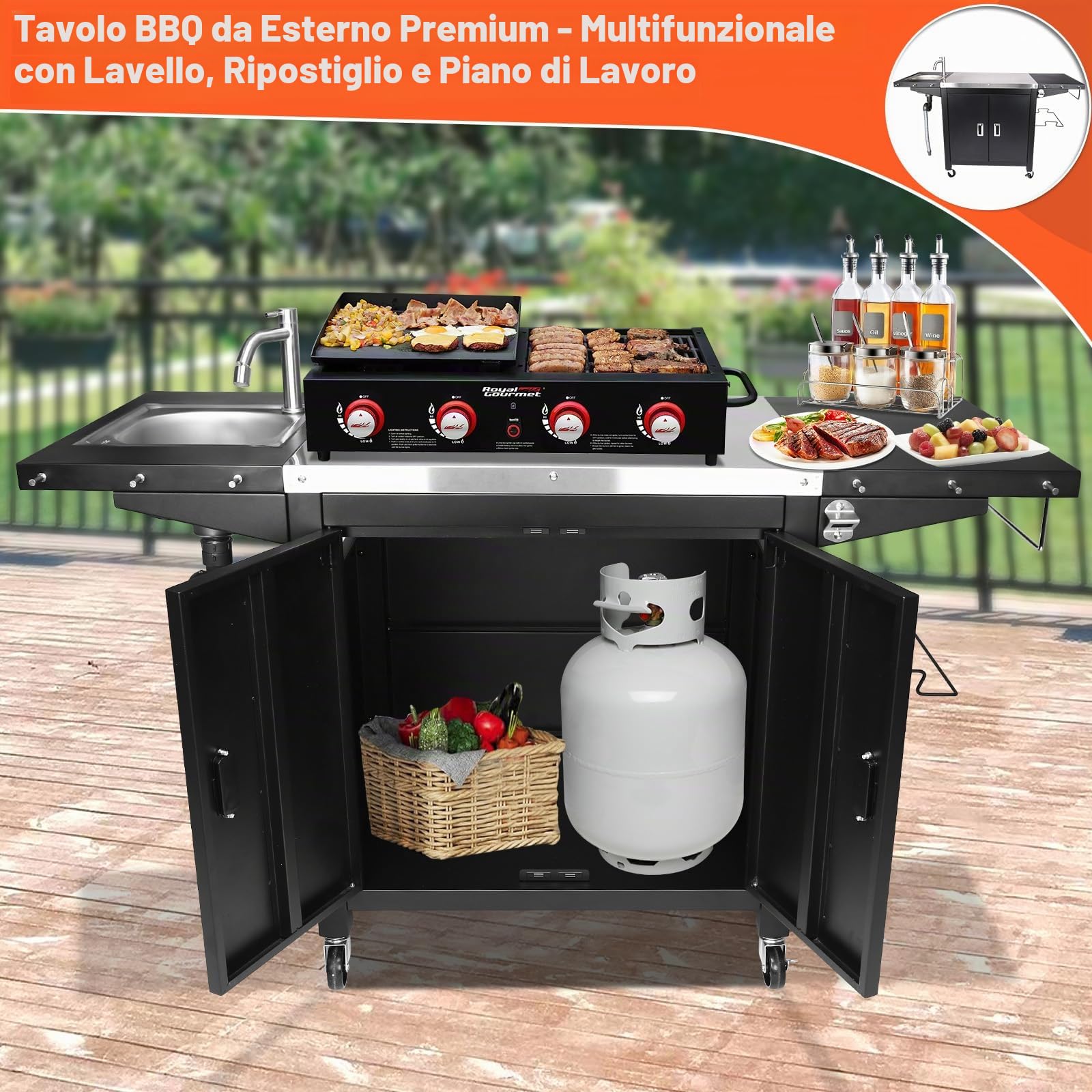 GFTIME Carrello per barbecue, cucina all'aperto, tavolo per pizza mobile, in acciaio inox, con ruote, 154 x 63 x 89 cm