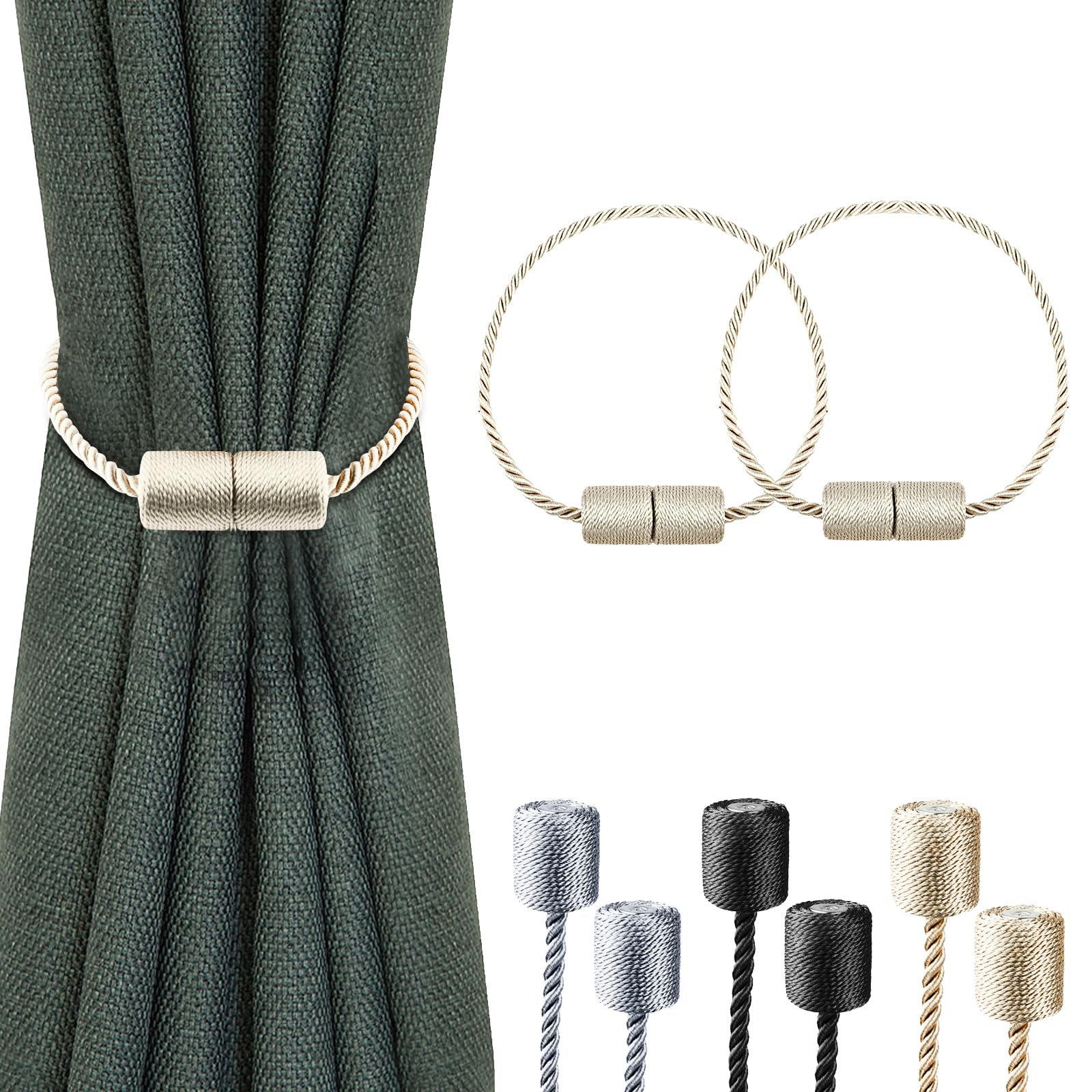2 Pack Strong Magnetic Curtain Tiebacks with Thicker Twist Rope Decorative Tie Backs Holdbacks for Drapes Window Curtain, Beige