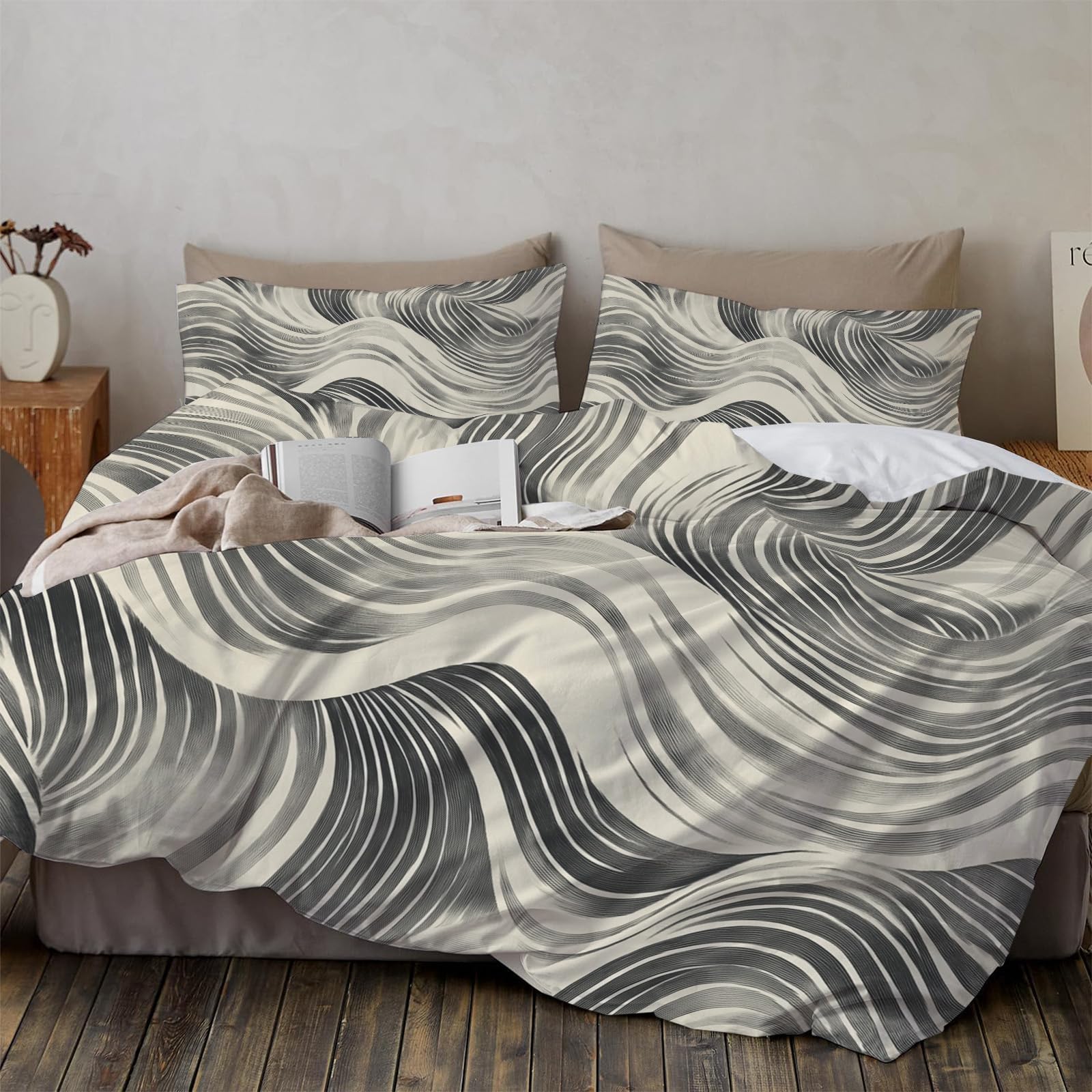 Housse de couette 2 personnes haut de gamme imprimé moderne rayé beige