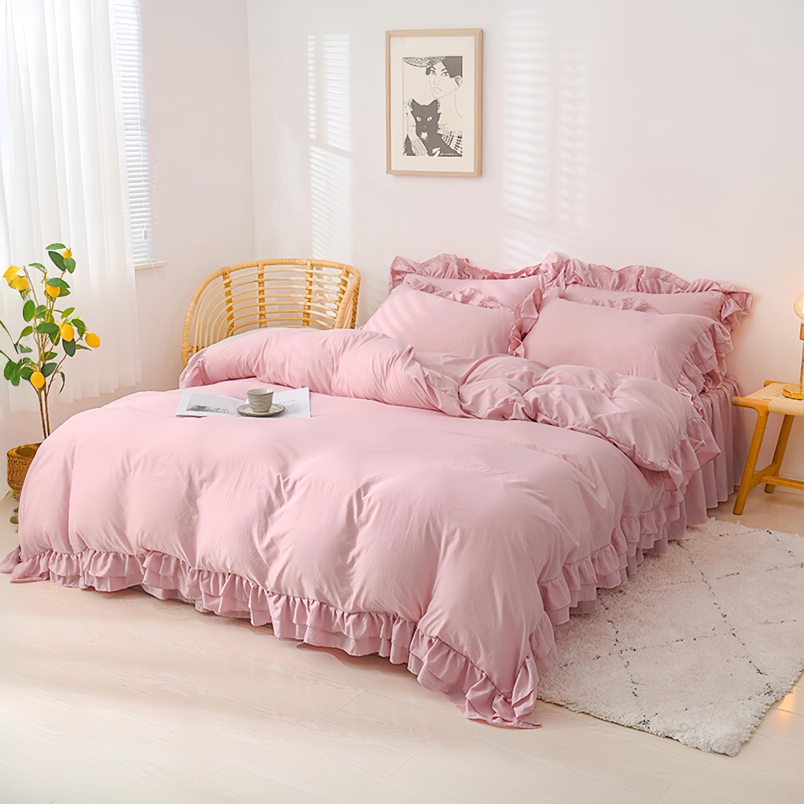 Romántico juego de ropa de cama beige con volantes, 4 piezas, 135 x 200 cm, funda de edredón acogedora con volantes, funda de edredón de microfibra gris pardo y 2 fundas de almohada de 80 x 80 cm