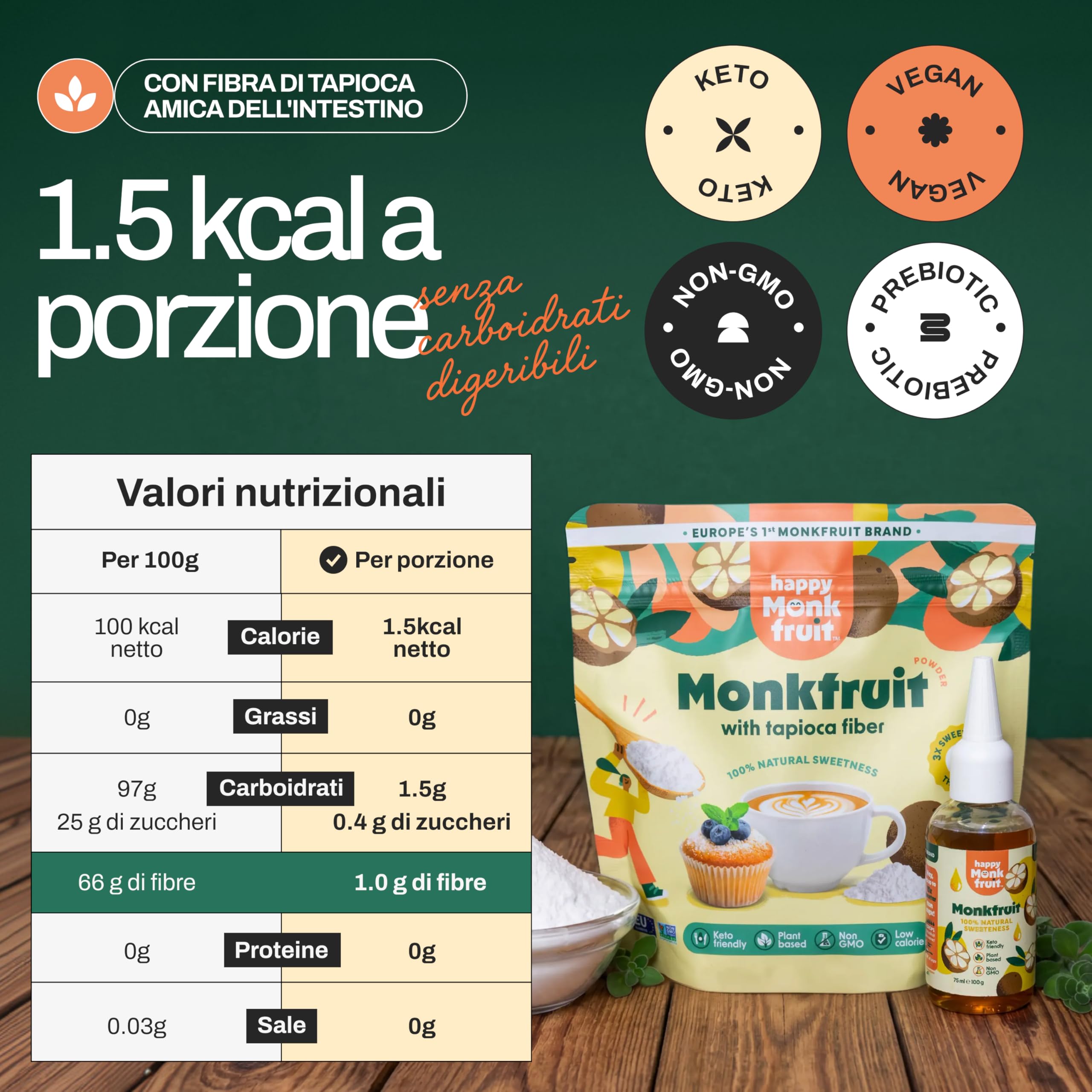 Frutto del Monaco in Polvere 200g Dolcificante, 150 Porzioni, 3x Più Dolce dello Zucchero - Monk Fruit Senza Eritritolo - Sostituto dello Zucchero per Dolci, Keto, Vegano | Happy Monkfruit®