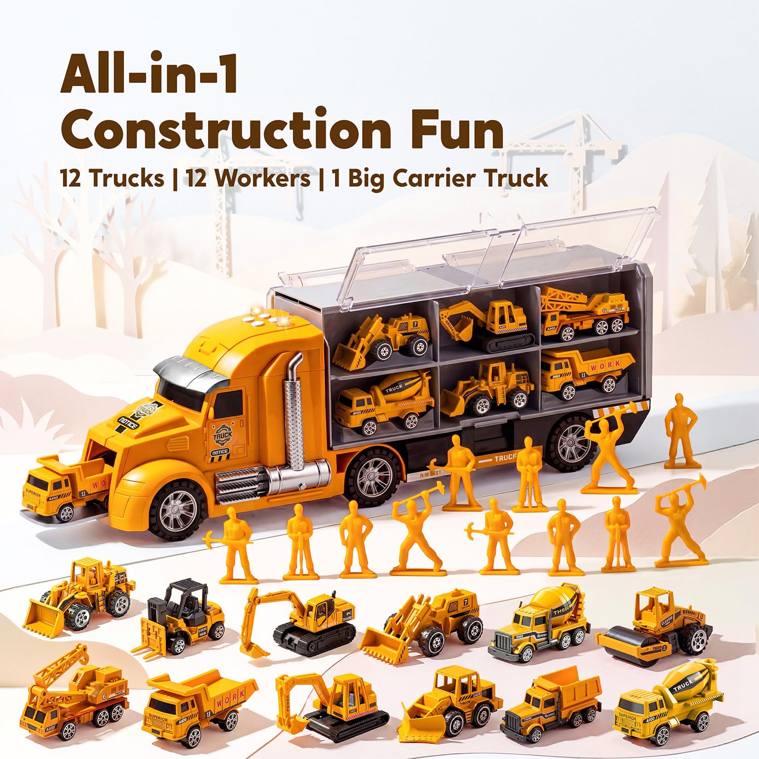 JOYIN 25-in-1-Spielzeugset aus Druckguss-Baufahrzeugen (einschließlich Transporter, Bagger, Kipper, Traktor) mit Geräuschen und Lichtern im Transporter, Kindergsgeschenke für Jungen ab 3 Jahren