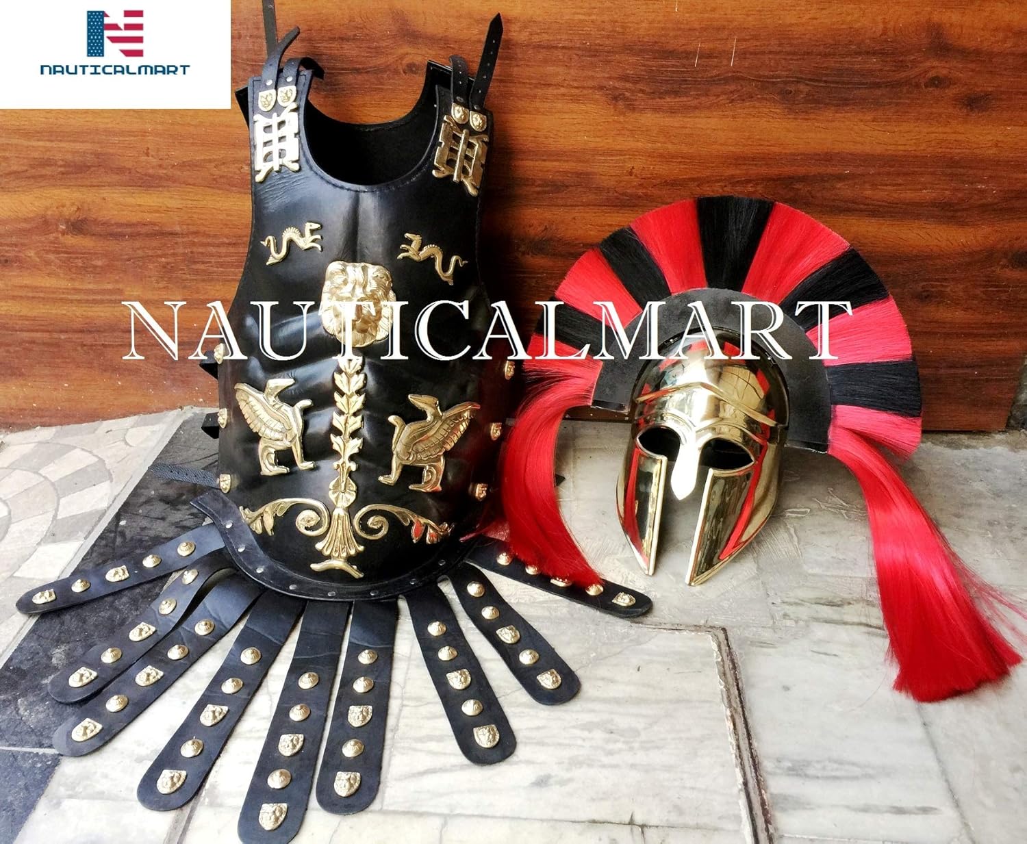 Leather Medieval Muscle Armor Wearable Roman Heavy Chest Plate Armor with Greek Corinthian Helmet