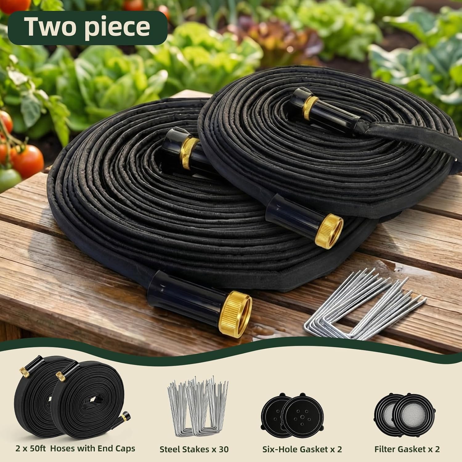 HIRALIY Thickened Flat Soaker Hose 100 FT (50ft x 2), Brass Connector, Watering System, Pressure Relief Gasket, Save 80% Water, Irrigation Kit for Vegetable Garden, Lawn, Flower Bed