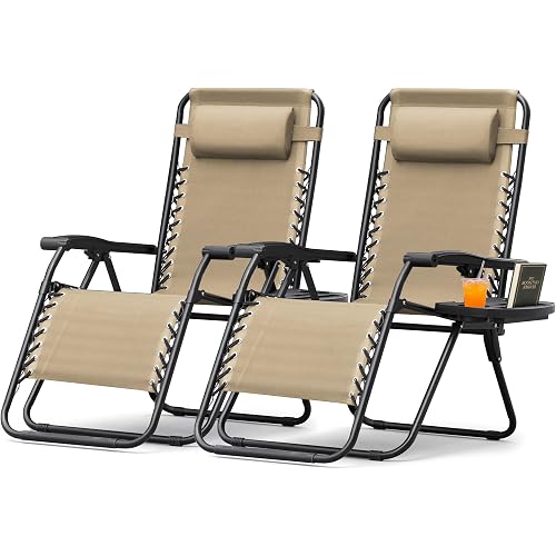 Homall Zero Gravity Chairs - Adjustable Folding Lawn Lounge Chairs with Pillows for Poolside, Backyard and Beach - Set of 2 (Cream-Coloured)