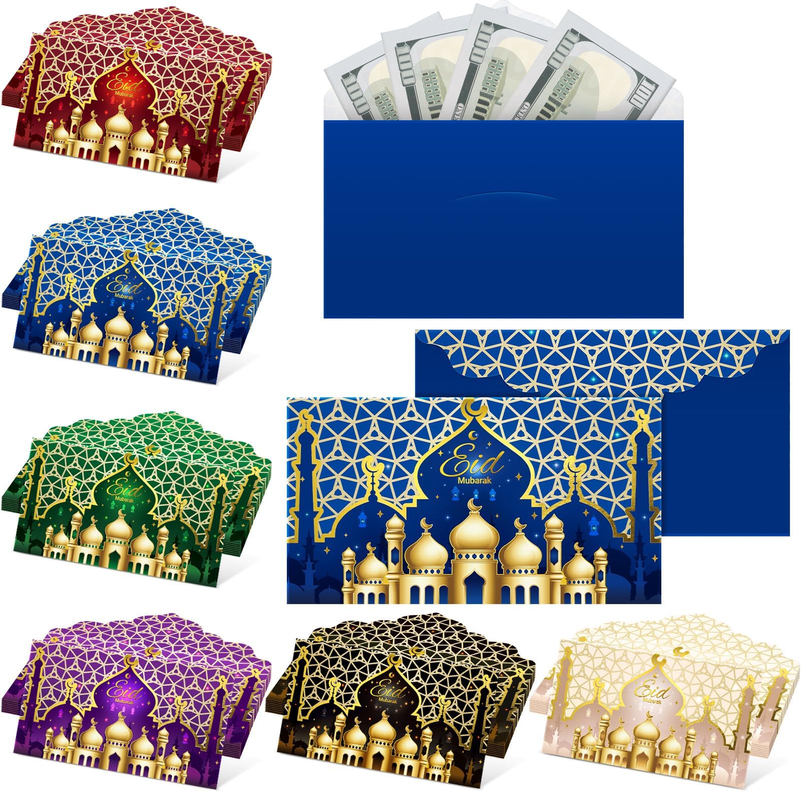 Zhanmai 24 Pcs Eid Mubarak Money Envelopes Ramadan Cash Gift Card Holders Eid Gold Foil Greetings Pockets for Holiday Party Supplies Celebrations Decorations (Horizontal)