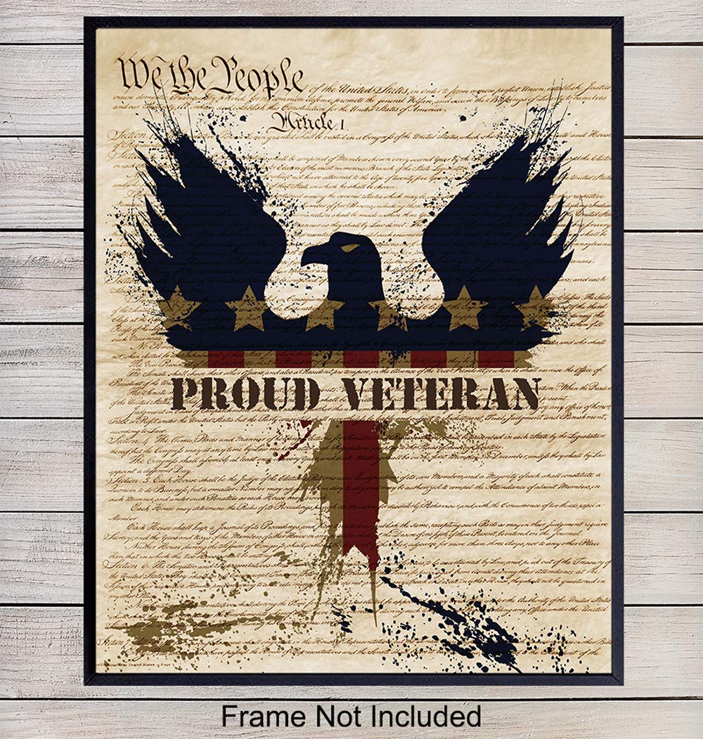 Patriotic Proud Veteran Art Poster - 8x10 Wall Decor - American Eagle Home Decoration Print for Living Room, Bedroom, Office - Gift for U.S. Military Servicemen, Servicewomen, Vet - Unframed Print