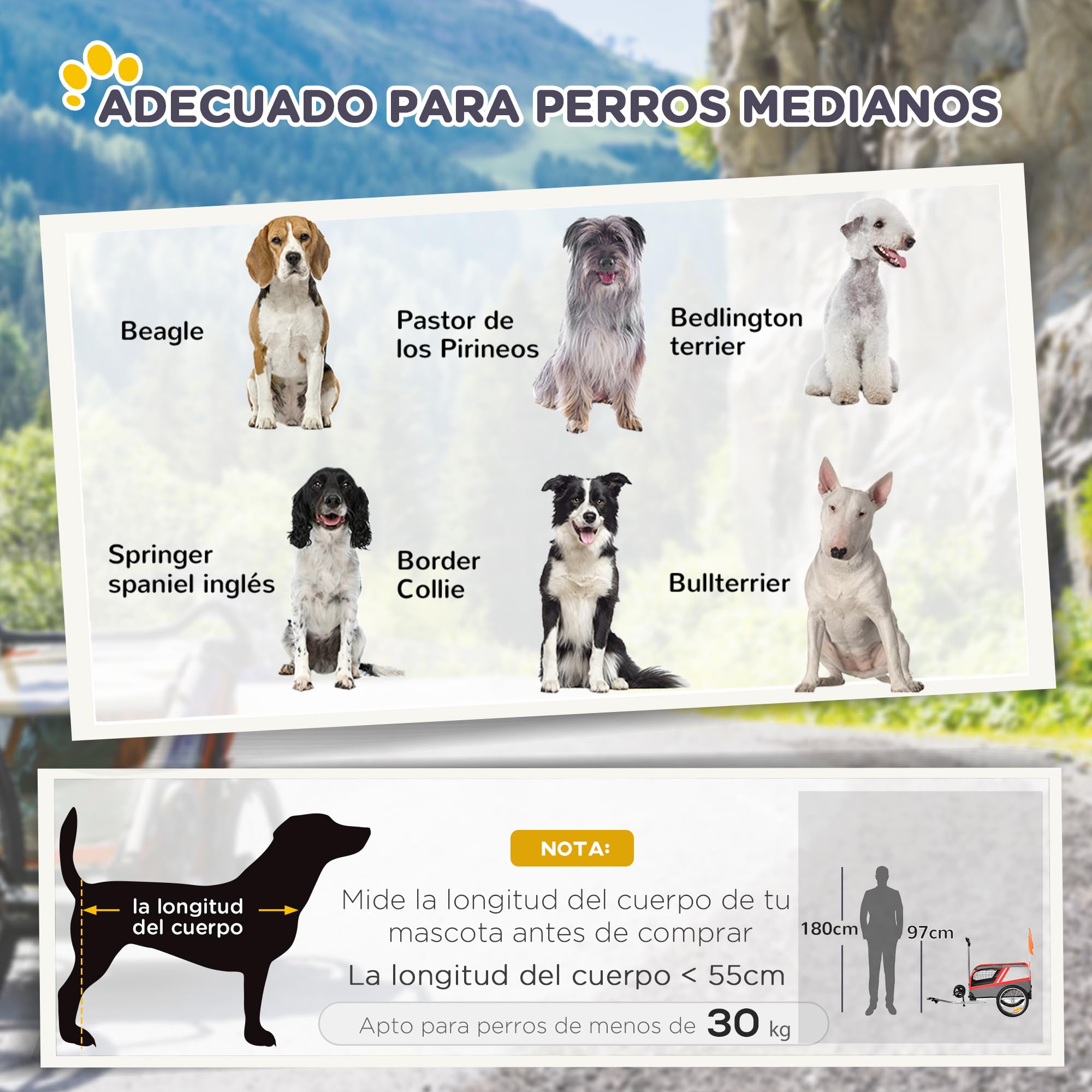 PawHut Remolque de Bicicleta para Perros 2 en 1 Carrito para Mascotas con Enganche Cubierta Enrollable Cinturón de Seguridad Bandera y Reflectores 130x64x97 cm