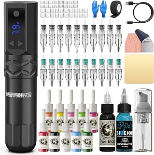 Wormhole Tattoo Kit Wireless Tattoo Gun Kit 20 Pcs Cartridge Needles Professional Tattoo Machine Kit Tattoo Practice Pen for Beginners Rotary Tattoo Machines WTK375
