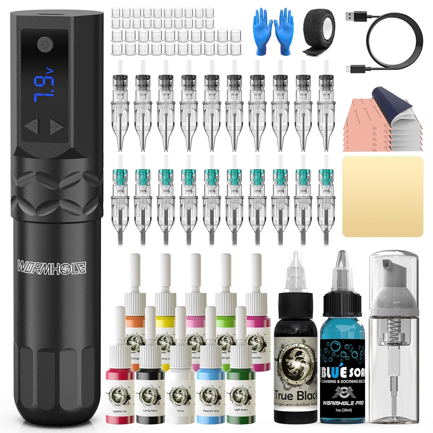 Wormhole Tattoo Kit Wireless Tattoo Gun Kit 20 Pcs Cartridge Needles Professional Tattoo Machine Kit Tattoo Practice Pen for Beginners Rotary Tattoo Machines WTK375