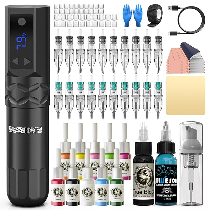 Kit Máquina Tatuar Rotativa WTK375 Pen Inalámbrica 20 Agujas