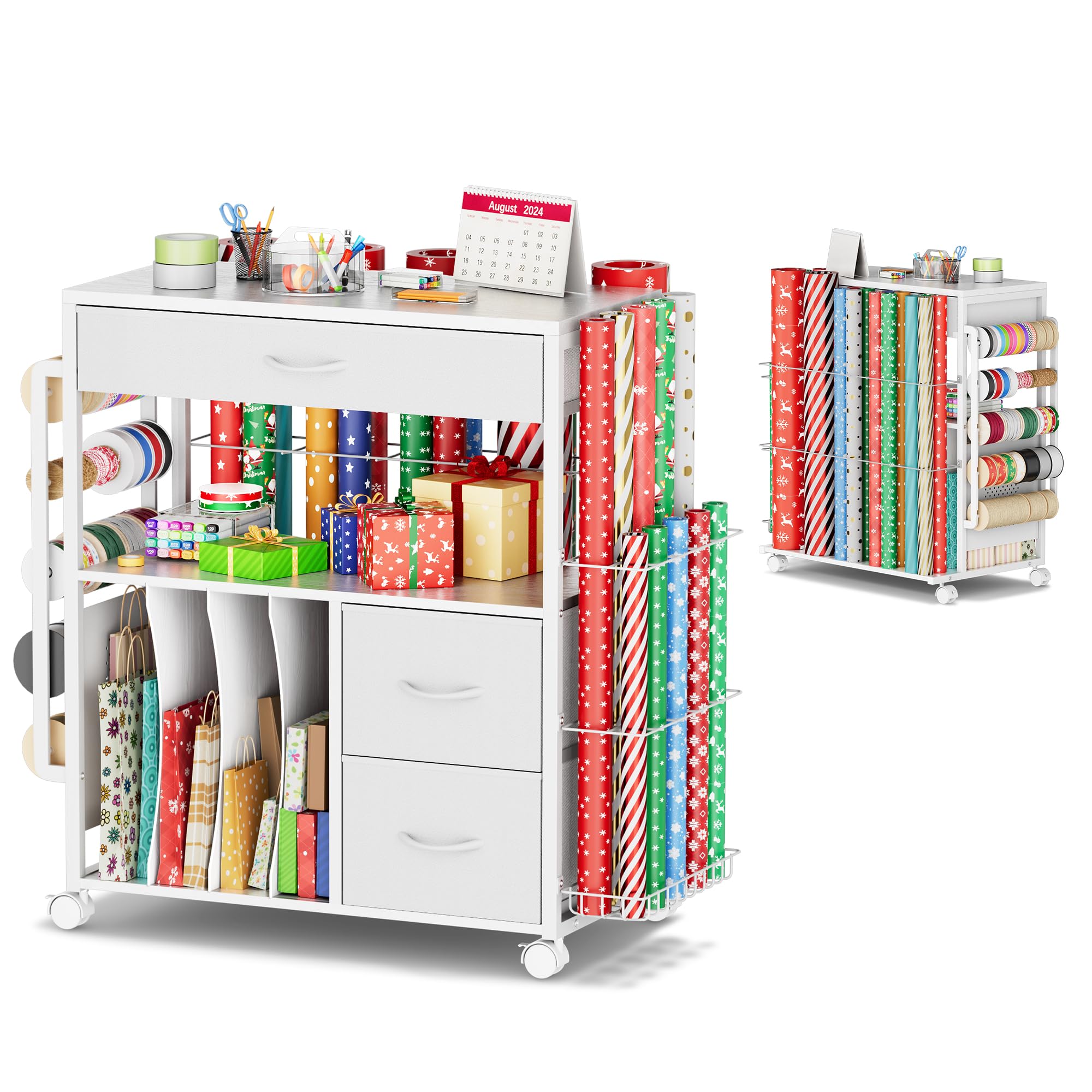 PUNLUXU Wrapping Paper Storage Cart, Rolling Gift Wrap Station With Ribbon And Gift Bag Storage, Wrapping Paper Organizer Holder, Craft Organizers And Storage For Christmas, Craft Storage Cart 004 - View #5