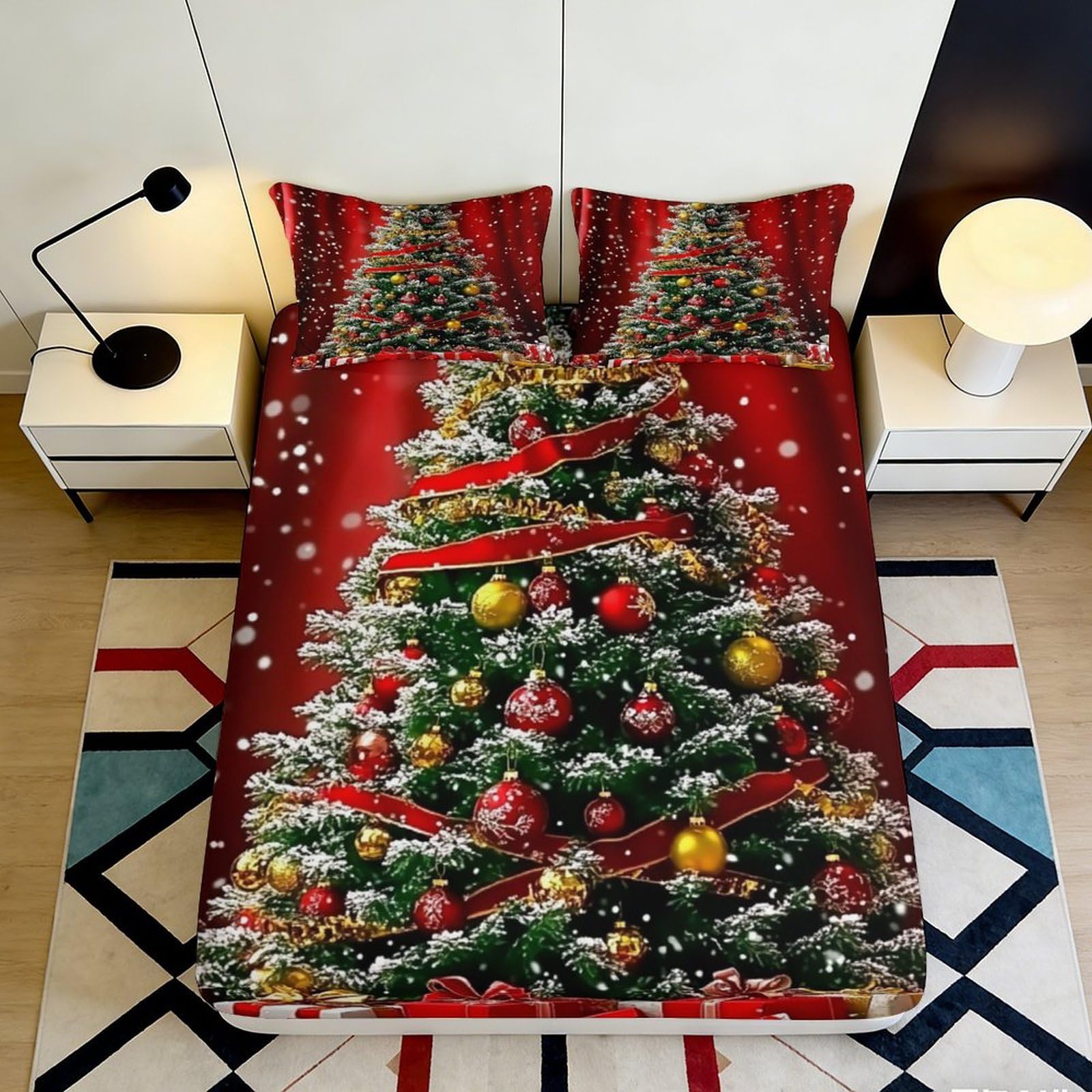 3D Printed Christmas Tree Fitted Sheet Microfiber Deep Pocket Bedroom Christmas Tree Mattress Fitted Cover Washable 200x200x25cm