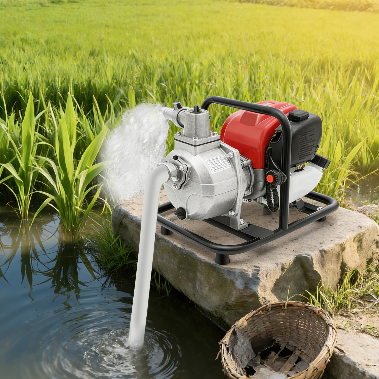 Bomba de agua a gasolina, bomba de jardín de 4 tiempos, bomba de aguas residuales, bomba para estanque, 38cc 1.2KW Auto-aspiración Bomba de agua portátil con altura de elevación de 30m para riego y