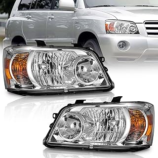 WEELMOTO Headlights Compatible with 2004-2006 Toyota Highlander, Sport Utility Headlight Chrome Housing Amber Reflector Left+Right Side