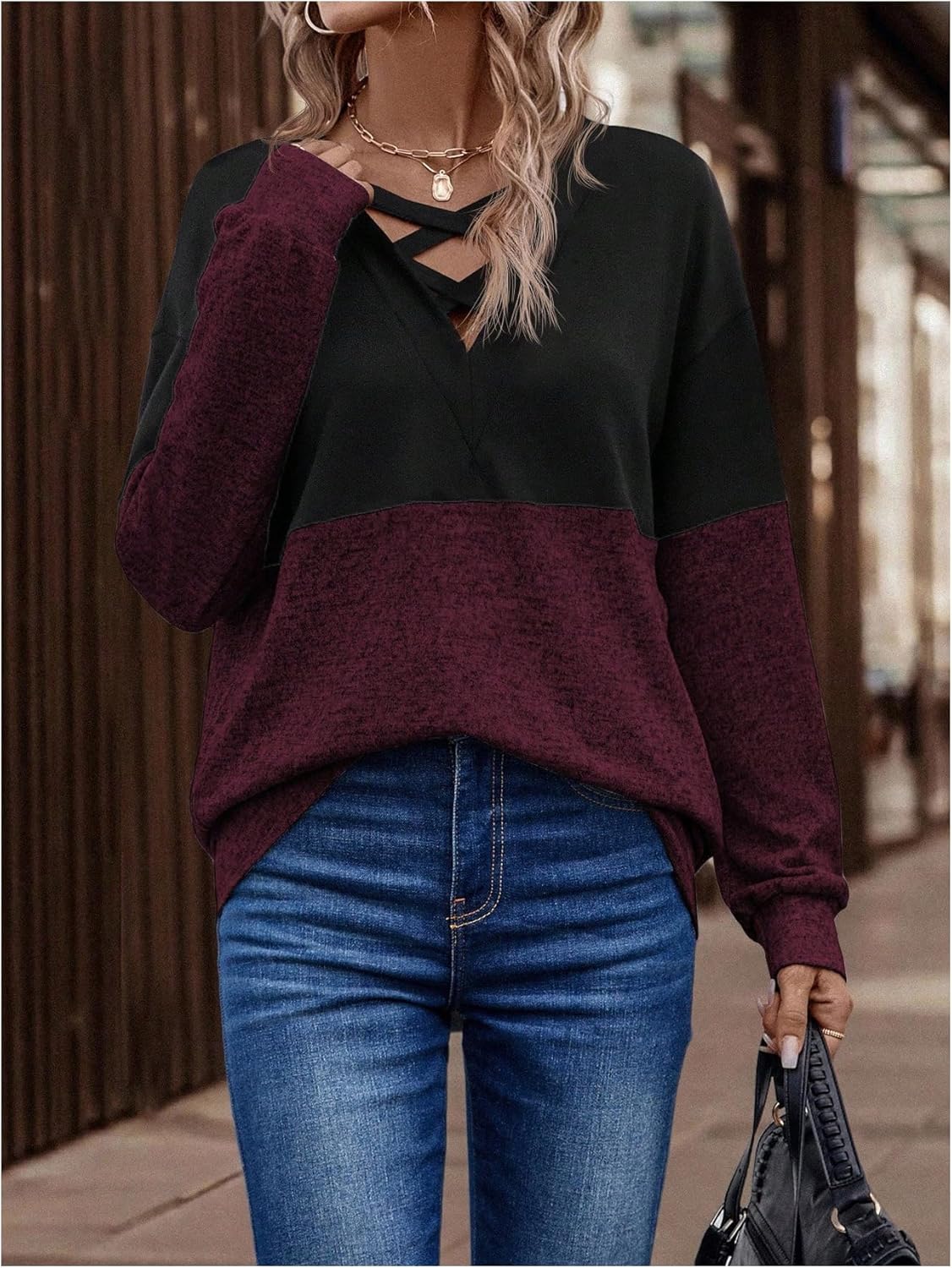 SOLY HUX Women's Long Sleeve Color Block Tops V Neck Criss Cross Casual Fall Tee Shirts - Image 5
