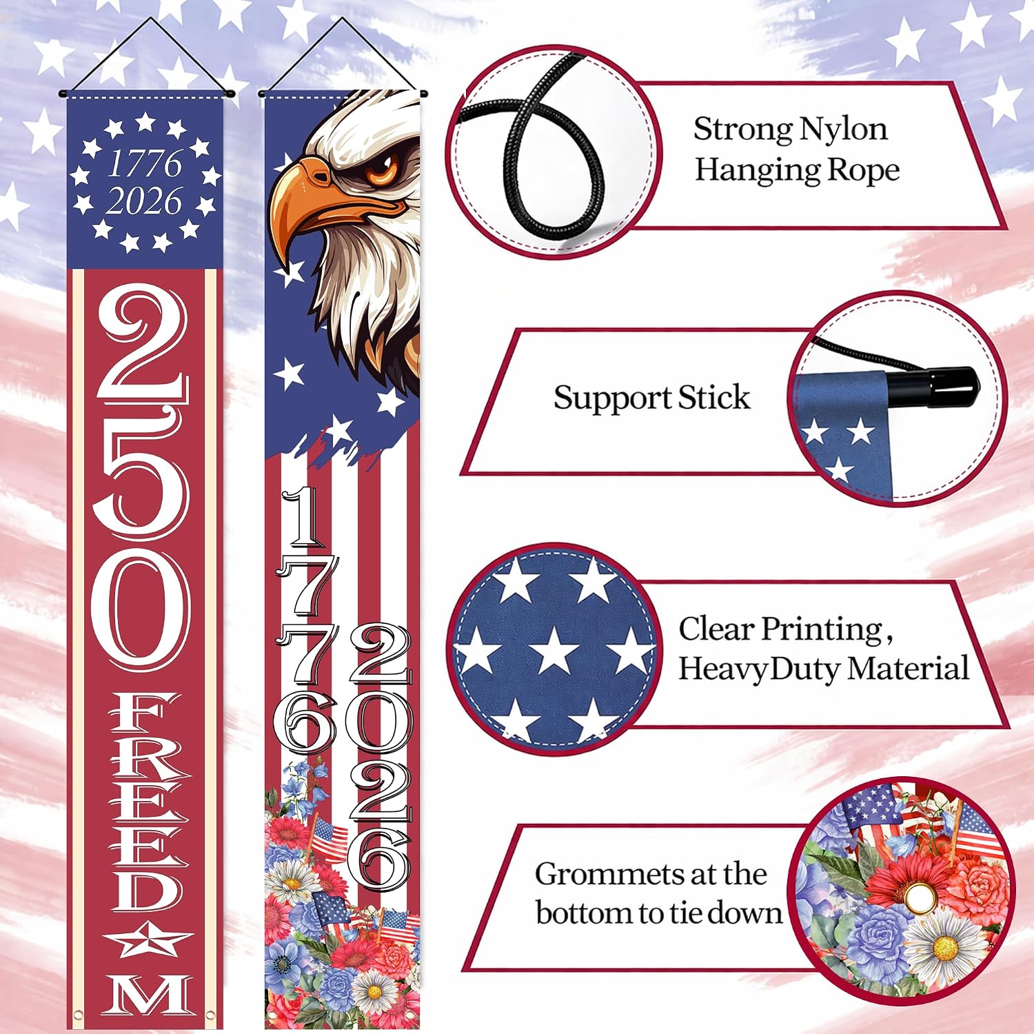 250th Anniversary Decorations - Patriotic America Porch Banner for Memorial Day - 4th of July Accessories for Home Indoor Outdoor Yard Sign | 1776–2026 USA Merchandise Hanging Flag Party Favors Supplies image 3